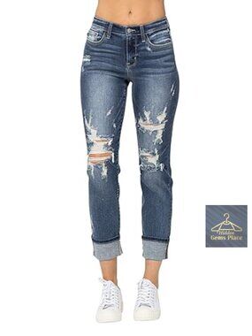Judy Blue Mid-Rise Cuffed Destroy Boyfriend Jeans